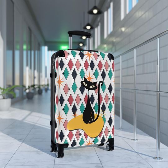 Atomic cat diamonds retro Suitcase, hard shell lockable travel luggage, suitcase with wheels, MCM 50's  kitschy, black cat lover case