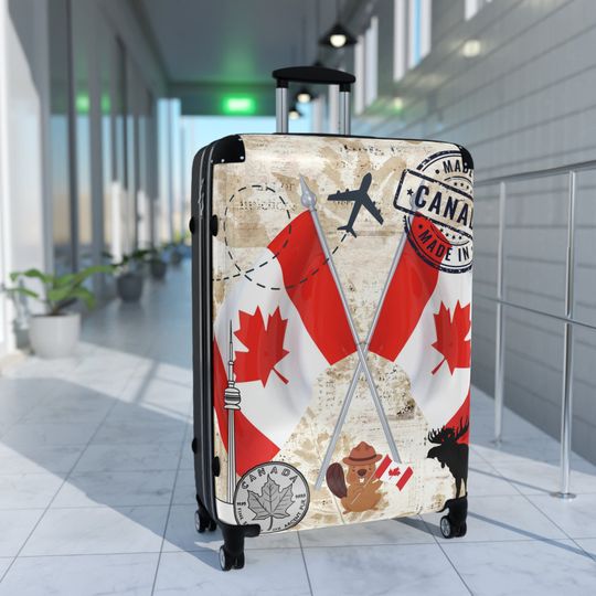 Made in Canada Suitcase on wheels, travel luggage for holidays, weekend, carry on bag, secure lockable luggage, Canadian flag case