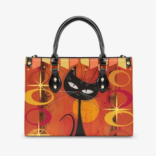 Atomic cat Handbag Tote - Black Cat Lover Gift, Women Leather Handbag, Women Gift