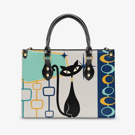 Atomic cat Handbag Tote - Black Cat Lover Gift, Women Leather Handbag, Women Gift