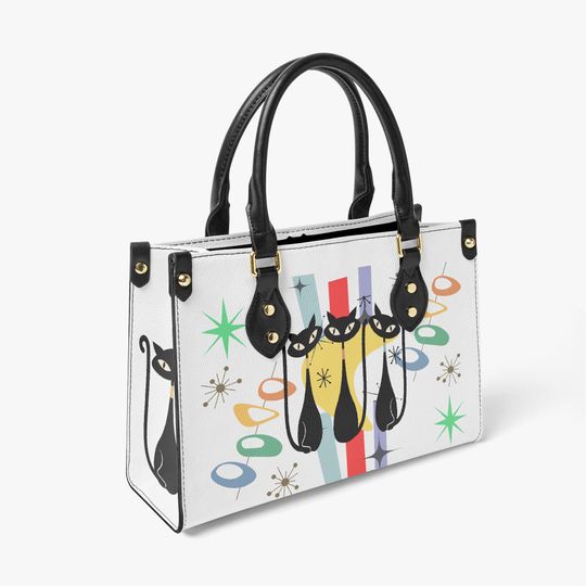 Atomic cat Handbag Tote - Black Cat Lover Gift, Women Leather Handbag, Women Gift