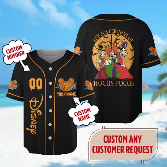 Custom Minnie Mouse Halloween Baseball Jersey, Minnie Daisy Duck Jersey Team, Hocus Pocus Jersey Shirt, Magic Kingdom Trick Or Treat Shirt