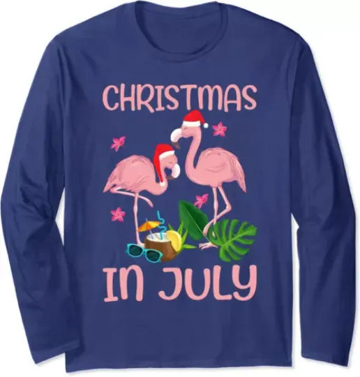 Christmas In July Pink Flamingo With Santa Hat Funny Long Sleeve Tshirt