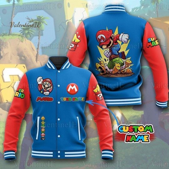 Custom Mario Baseball Jacket, Super Mario Jacket, Mario Streetwear Jacket, Super Mario College Jacket, Mario Funny Jacket, Gift For Fan