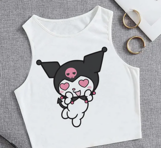 Streetwear Crop Top Kuromi T Shirt Cropped Sanrio Kuromi Women Manga T-shirt Harajuku Tshirt Top Tees Female