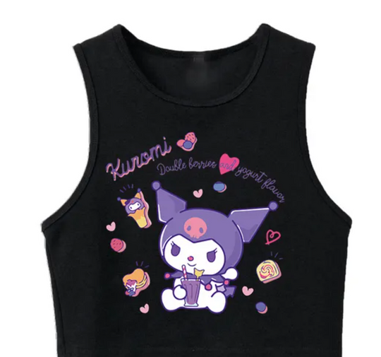 90s Vest Crop Top Kuromi T Shirt Cropped Sanrio Kuromi Women Manga T-shirt Tank Top Harajuku Tshirt Top Tees Female