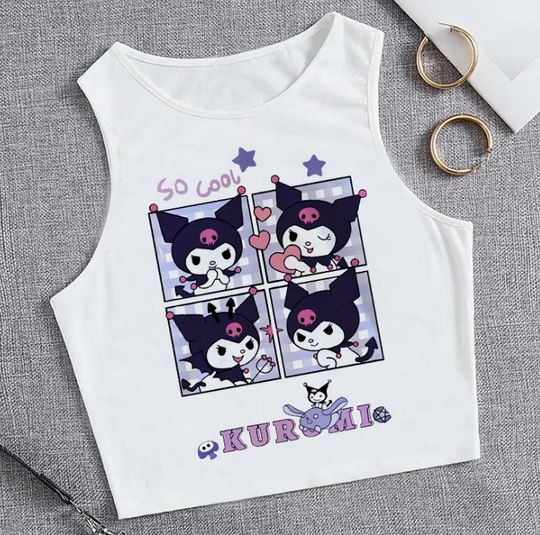 Y2K Vest Crop Top Kuromi T Shirt Cropped Sanrio Kuromi Women Manga T-shirt Tank Top Harajuku Tshirt Top Tees Female