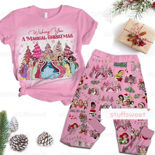 Christmas Disney Princess Pajamas Set, Princess Christmas Shirt, Princess Pajamas Pants
