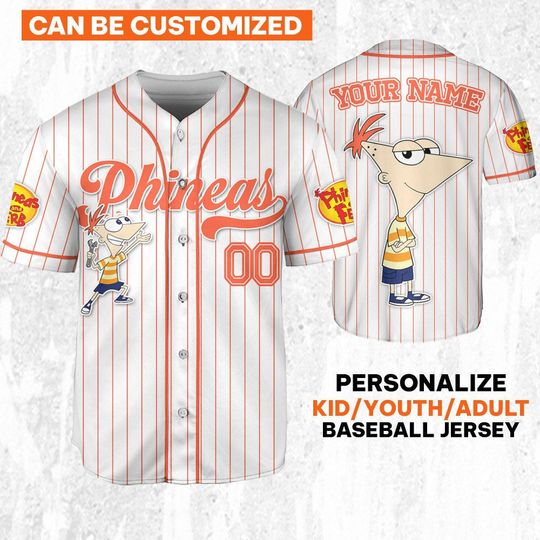 Custom Disney Phineas and Ferb Phineas Simple Baseball Jersey, Custom Kids, Youth, Adult Disney Baseball Jersey Sports Outfits Cute Gifts