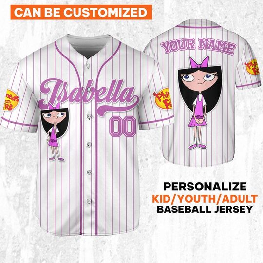 Custom Disney Phineas and Ferb Isabella Simple Baseball Jersey, Custom Kids, Youth, Adult Disney Baseball Jersey Sports Outfits Cute Gifts