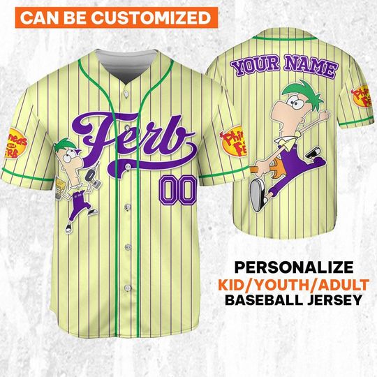 Custom Disney Phineas and Ferb Ferb Simple Purple Baseball Jersey, Custom Kids, Youth, Adult Disney Baseball Jersey Sports Outfits