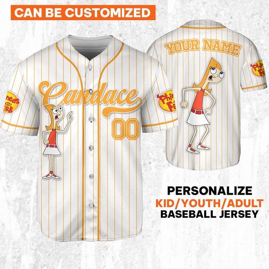 Custom Disney Phineas and Ferb Candace Simple Baseball Jersey, Custom Kids, Youth, Adult Disney Baseball Jersey Sports Outfits Cute Gifts