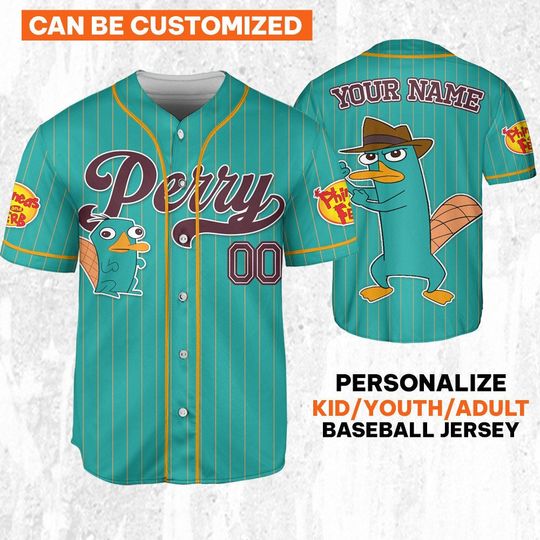 Custom Disney Phineas and Ferb Perry the Platypus Simple Green Baseball Jersey, Custom Kids, Youth, Adult Disney Baseball Jersey Sports