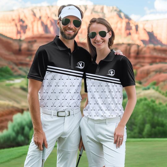 Couple Golf Black and White Shirt, Crossed Black Golf Clubs, Women Polo Shirt, Black And White Golf Shirt For Couple