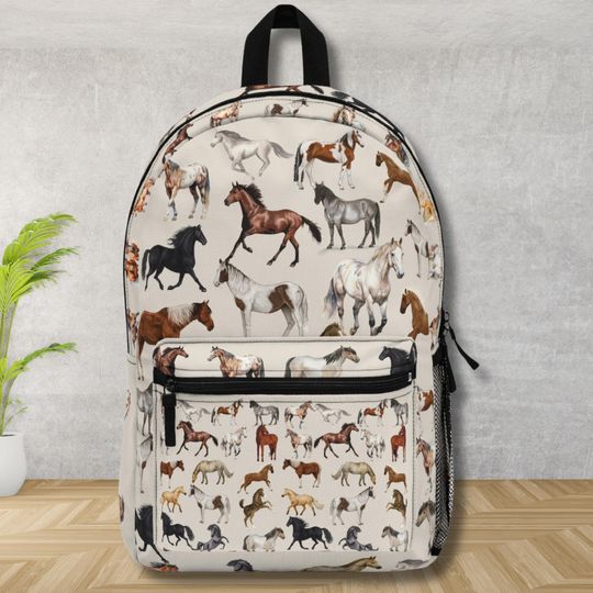Beige Horse Backpack, Equestrian Bag for Kids, Stylish Back to School Book Bag, Horse Rider Gift, Western Bookbag