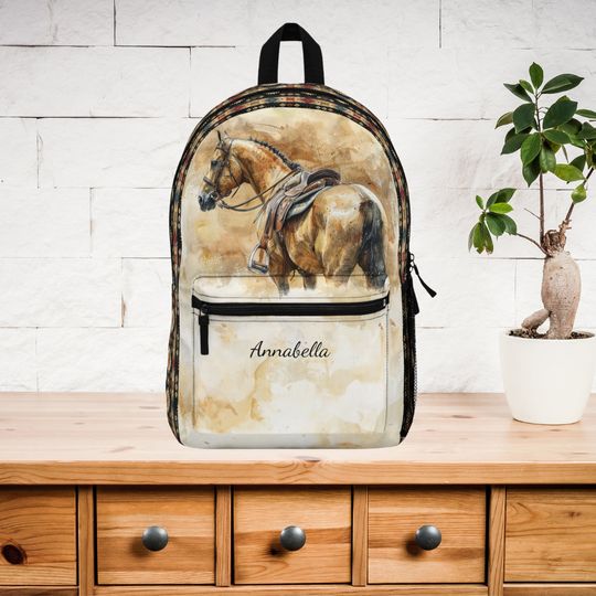 Personalized English Horse Backpack with Aztec Design on Sides, Student School or College Bookbag, Horse Lover Gift for Friend or Horse Mom