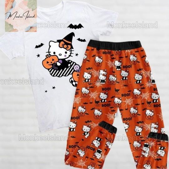 Halloween Hello Kitty Pajamas, Kitty Kawaii Halloween Pants, Kitty Cat Halloween Shirts, Halloween Trick Or Treat Tee, Spooky Season Gift