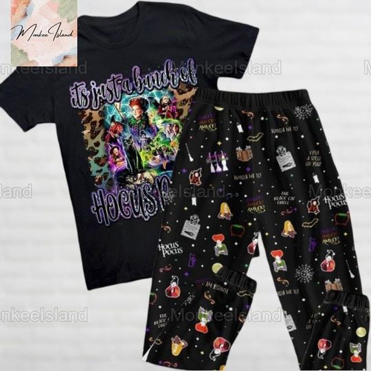 Halloween Hocus Pocus Pajamas, Just A Bunch Of Hocus Pocus Pajamas Set, Sanderson Sisters Shirt, Halloween Witches Pjs For Women