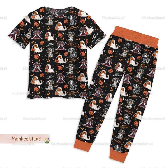Dachshund Halloween Pajamas, Dachshund Ghost Dog Pajamas Set, Spooky Dog Pajamas Pants, Holiday Pajamas, Halloween Gift, Dog Owner Gift