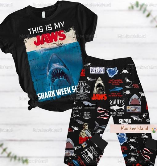 Halloween Jaws Pajamas, Shark Jaws Pajamas Set, Horror Movie Pj Set, Jaws Movie Shirt, Shark Week Pajamas Pants, Jaws Lover Gifts