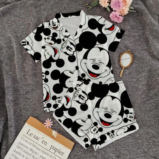 Disney Cute Pajamas Cartoon Print Pink Shirt Disney Spring and Autumn New Women's Long Sleeve Home Pajamas Set