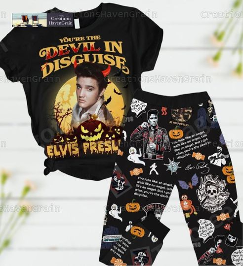 Elvis Presley Pajama Set, Youre The Devil In Disguise Halloween Pjs, Elvis Presley Cosplay Halloween Party, Rock And Roll Shirt Pants