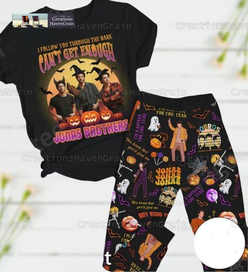 Halloween Pajamas Set, Jonas Brothers T-Shirt Pants, I Follow You Through The Dark Cant Get Enough, Rock Band Concert Holiday Pajamas