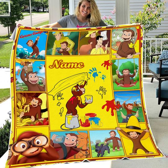 Personalized Curious George Fleece Blanket, Custom Name Blanket, Birthday Gifts for Kids