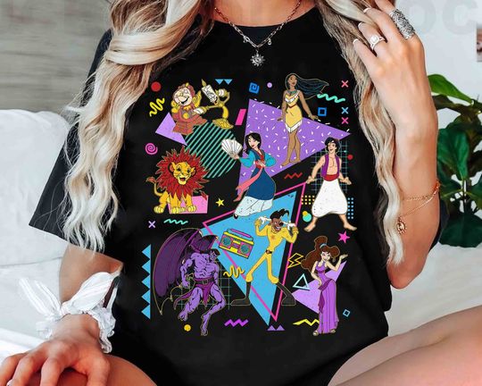 Retro 90S Disney Characters Shirt, Powerline Aladdin Megara Mulan Pocahontas Tshirt