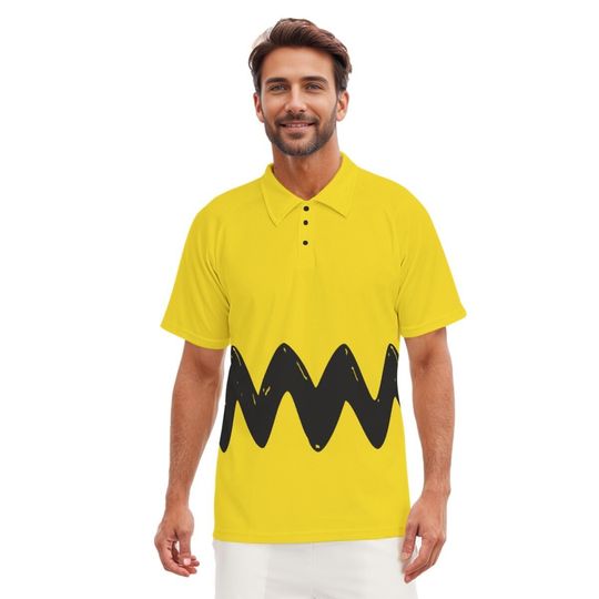 Yellow Polo Shirt With Black Zigzag Cartoon Blockhead - Costume - Drawn Look