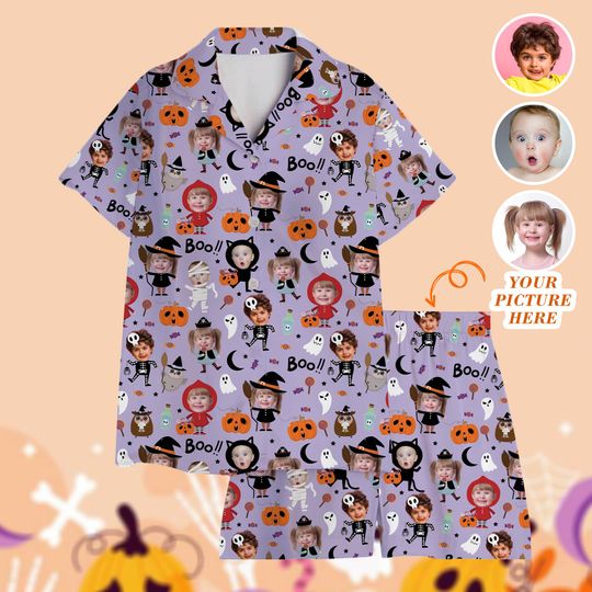 Custom Face Photo Family Halloween Pajamas, Halloween Doodles Short Satin Pajamas, Ghost Spooky Pajamas, Matching Pajamas, Kids Pajamas Set
