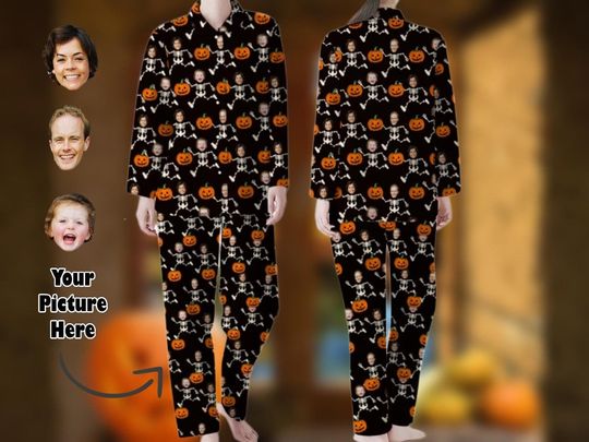 Halloween Custom Face Pajama Pant Set, Custom Photo Halloween Pajamas Set, Spooky Pajamas, Fall Pajamas Set, Halloween Pumpkin Costume