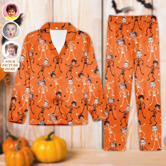 Personalized Orange Pumpkin Family Pajamas Set, Custom Photo Halloween Pajamas Set, Kids Halloween Pajamas, Spooky Pajamas, Fall Pajamas Set