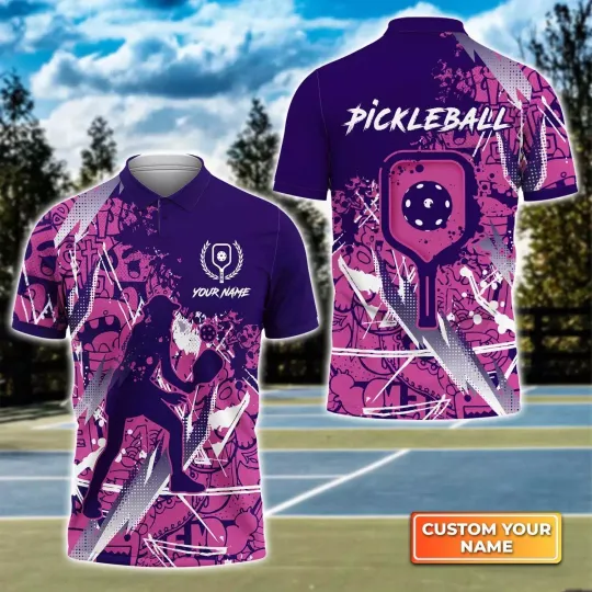 Pickleball - Scritch Woman Purple Pink Pattern Personalized Name 3D Polo Shirt