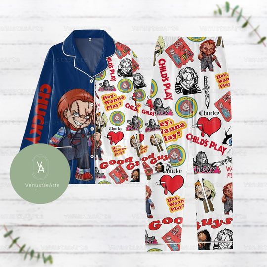 Halloween Chucky Pajamas Set, Chucky Shirt, Chucky Pajamas, Chucky Gift, Horror Pajamas, Halloween Pajamas Set, Pajama Set Women
