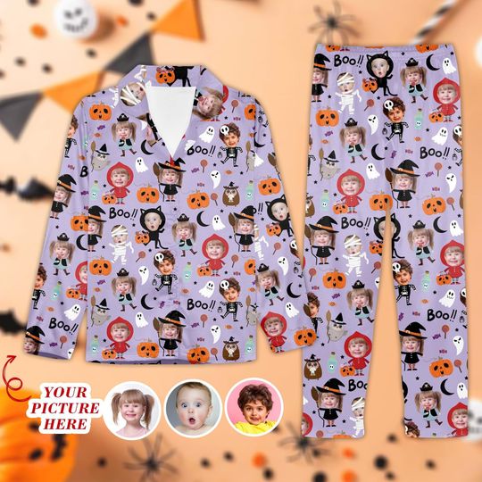 Custom Face Photo Family Halloween Pajamas, Halloween Doodles Satin Pajamas Set, Ghost Spooky Pajamas, Matching Pajamas, Kids Pajamas Set