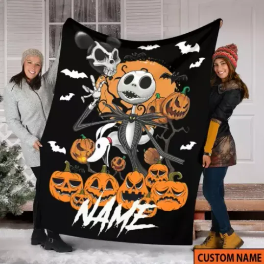Custom Name Halloween Jack Skellington Blanket Velveteen Plush Fleece Blanket