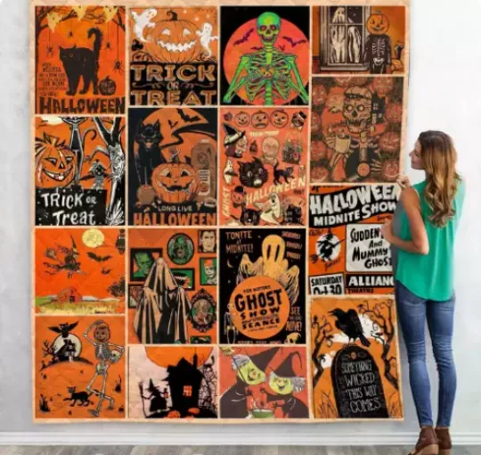 Retro Halloween Blanket, Vintage Jack-o-lantern Velveteen Plush Fleece Blanket