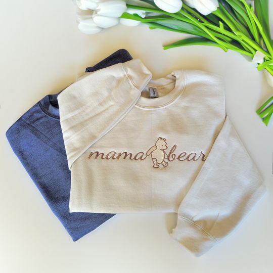 Classic Winnie The Pooh Mama Bear Gildan Embroidered Crewneck Sweater