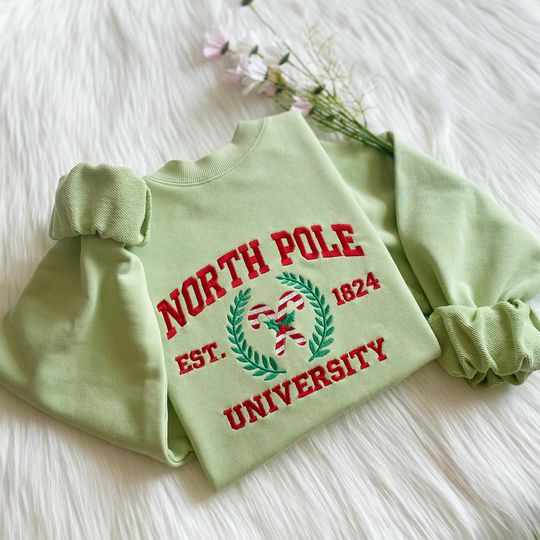 North Pole University Embroidered Sweatshirt | Christmas Embroidered Hoodie | Christmas Candy Sweater | Crew Neck Sweatshirt