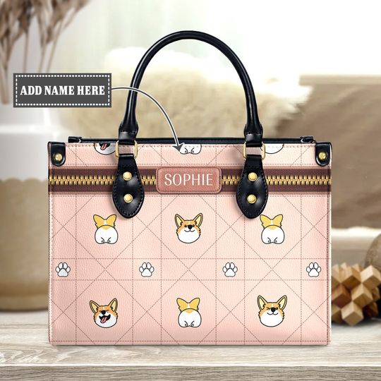 Dicor Cute Butt and Paw Pink Vanity Style Handbag,Personalized Corgi Leather Handbag,Dog Handbag,Cute Corgi Bag,Dog Crossbody bag
