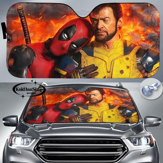 Halloween Deadpool & Wolverine Car Sunshade, Deadpool Car Windshield, Deadpool 3 Movie Auto Sunshade, Superhero Friends Car Shade
