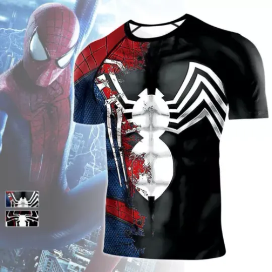 Venom Spider-Man Cos T-shirt Spiderman Cosplay Costume Short Sleeve Tee Tops Gym