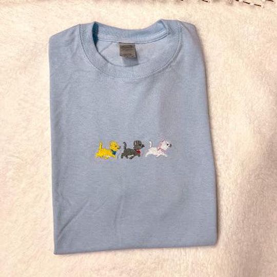 Marie, Berlioz, Toulouse from Aristocats Disney Movie Embroidered on a Crewneck T-Shirt