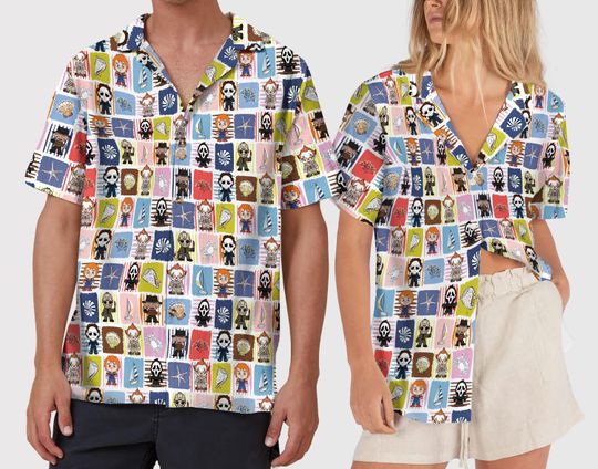 Horror Characters Chibi Trendy Halloween Horror Movie Hawaiian Shirt, Ghostface Aloha Shirt, Halloween Serial Killer Button Up Shirt