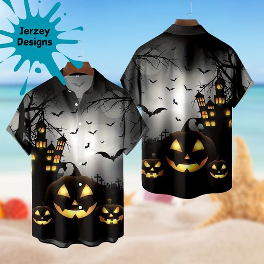 Spooky Pumpkin and Bat Castle Hawaiian Shirt Print Tropical Beach Gift For Men, Youth, Dad, Boyfriend, Lover, Best Gift For Party Halloween