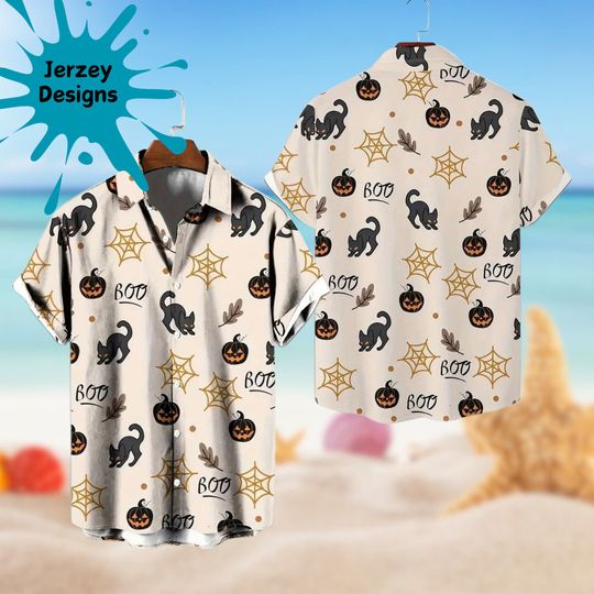 Halloween O'lantern & Cat Hawaiian Shirt Print Tropical Beach Gift For Men, Youth, Dad, Boyfriend, Lover, Best Gift For Party Halloween