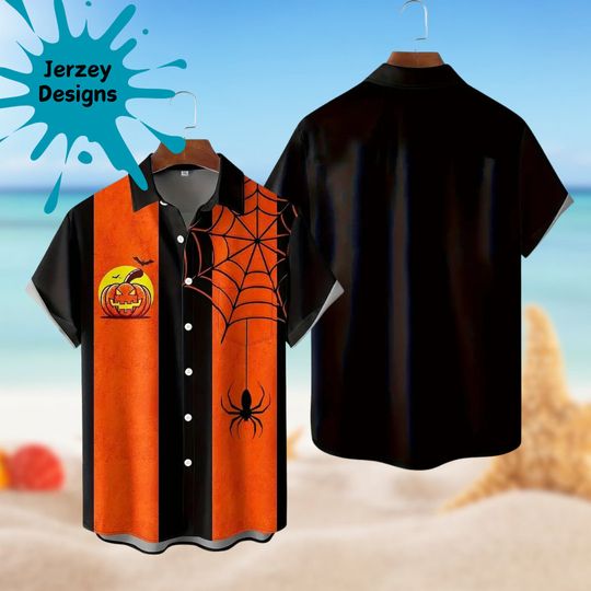 Halloween Pumpkin Spider Hawaiian Shirt Print Tropical Beach Gift For Men, Youth, Dad, Boyfriend, Lover, Best Gift For Party Halloween