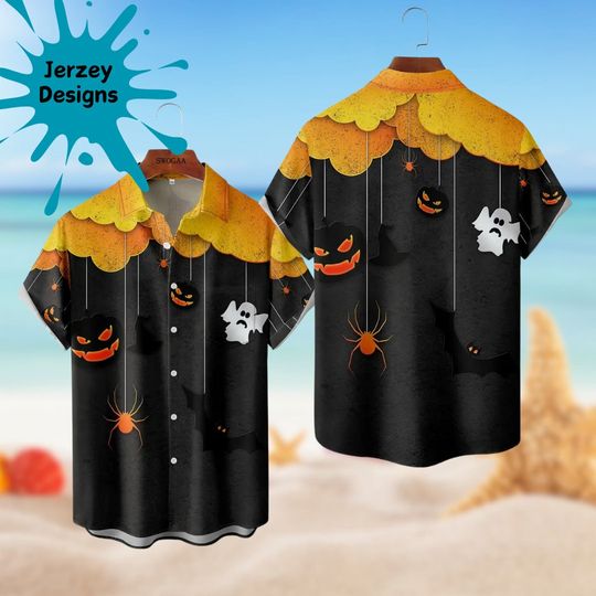 Ghost Pumpkin Halloween Hawaiian Shirt Print Tropical Beach Gift For Men, Youth, Dad, Boyfriend, Lover, Best Gift For Party Halloween