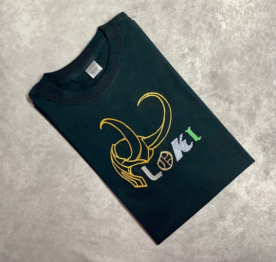 Loki Embroidered T-shirt / Inspired by the Avengers / Marvel / Loki Helm and Name Embroidered T-shirt
